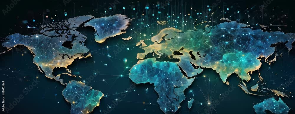 Poster digital world map with network connections and glowing nodes.