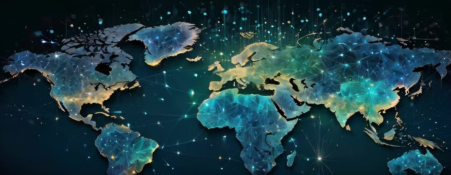 Digital world map with network connections and glowing nodes.