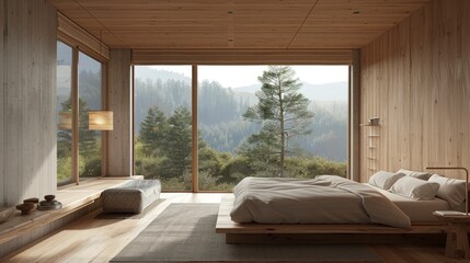 A detailed 3D rendering of a minimalist bedroom with wooden accents, large windows offering a stunning view of nature
