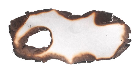 Burned and charred paper scrap, parchment isolated on white background, clipping path