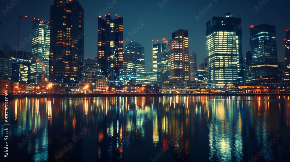 Poster reflections of illuminated skyscrapers on the calm surface of a river at night.