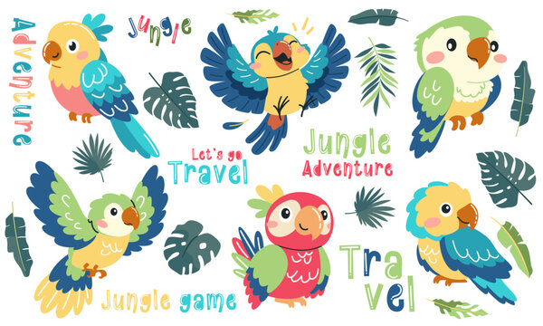 Set of vector illustrations in children's style. Cute cartoon parrots in different poses and tropical leaves, lettering. Vector illustration