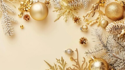 Shiny gold Christmas decor on beige backdrop with space for text Glittery gold holiday arrangement