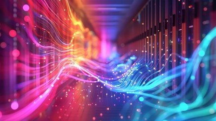 Colorful network waves traveling inside a data center, illustrating the flow of information with vibrant, dynamic visuals.