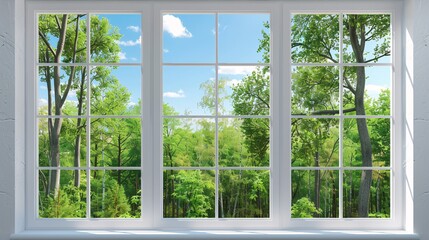 White Window Frame. Outside View of Forest with Blue Sky and Trees, Capturing Serene Natural Beauty and Tranquility from Indoors.