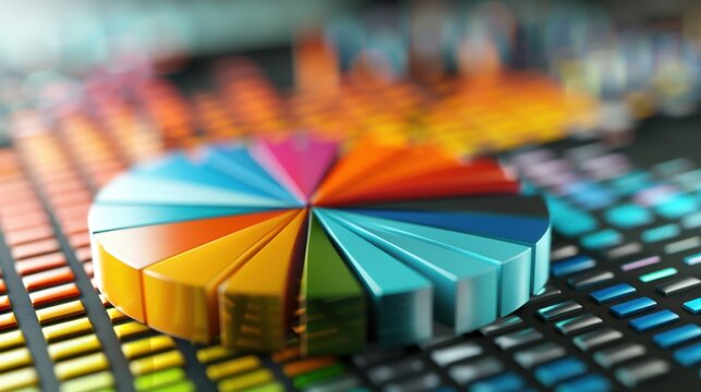 Detailed 3D illustration of a graph diagram by a multi-colored pie chart, showcasing vibrant and informative visual data representation.
