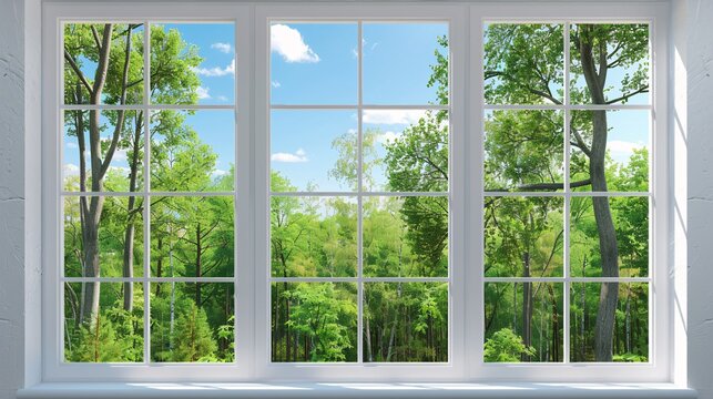Fototapeta White Window Frame. Outside View of Forest with Blue Sky and Trees, Capturing Serene Natural Beauty and Tranquility from Indoors.