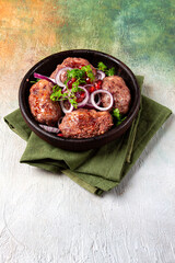fried apkhazura, cutlet in a fat grid, spicy, Georgian dish, fried on ketsi, homemade, no people,