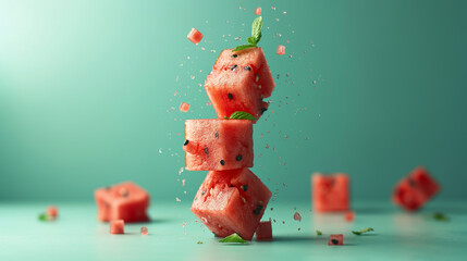 Naklejka premium Creatively scattered fresh watermelon cubes balancing and floating on a plain light blue and mint background