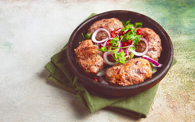 fried apkhazura, cutlet in a fat grid, spicy, Georgian dish, fried on ketsi, homemade, no people,