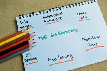 Concept of The Gig Economy write on book with keywords isolated on Wooden Table.