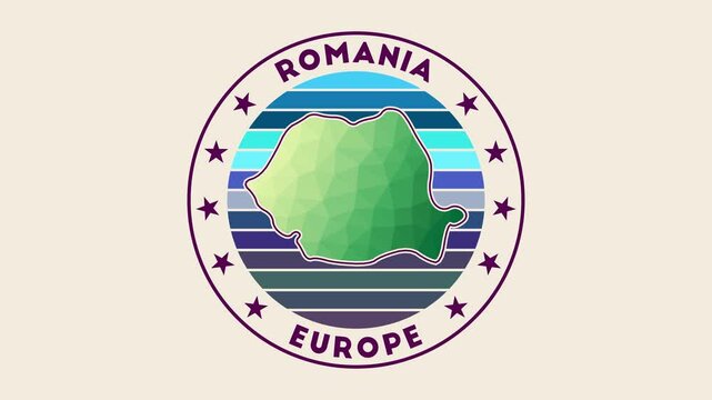 Romania intro video. Badge with the circular name and map of the country in low poly tech geometric style. Artistic country round logo animation.