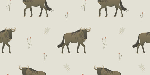 Wildebeest, antelope seamless pattern design. Simple vector background. Exotic animal illustration.