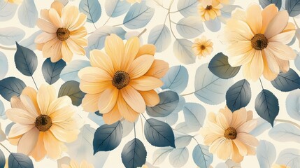Obraz premium A delicate floral pattern featuring yellow daisy flowers and pale blue leaves, arranged in a harmonious design.