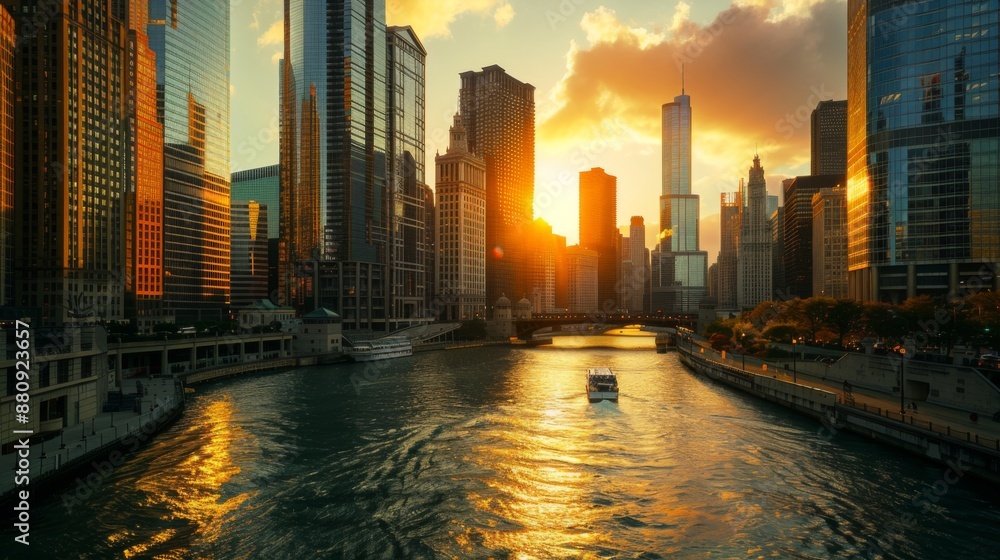 Aufkleber sunset casting a golden glow on skyscrapers clustered along a bustling riverfront.