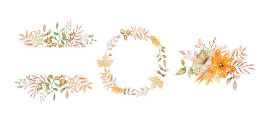 Watercolor autumn frames set with pumpkins, flowers, fall leaves