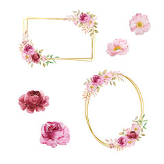 Gold autumn frames set with watercolor flowers. fall leaves
