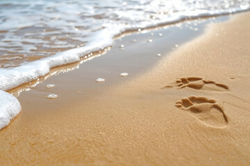 Footprints in the sand leading to the ocean, capturing a moment of serene beachside solitude and connection with nature.