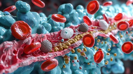 3D illustration of a blood clot with fibrin fibers, red blood cells, white blood cells, and activated platelets intricately detailed in vivid colors.