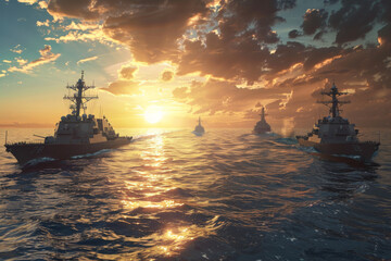 Obraz premium A fleet of navy ships advancing through the sea at sunset, framed by dramatic clouds and a luminous sky, expressing power and beauty in unison.