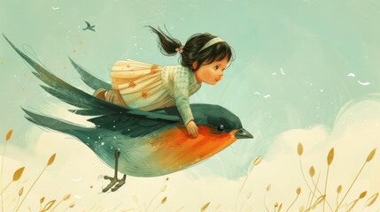 An enchanting illustration of a little girl flying on a bird, capturing the magic and wonder of childhood imagination.