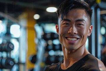 The joyful expression of a person in a gym setting, surrounded by exercise equipment, conveying fitness enthusiasm and a positive attitude.