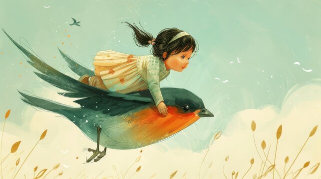 An enchanting illustration of a little girl flying on a bird, capturing the magic and wonder of childhood imagination.