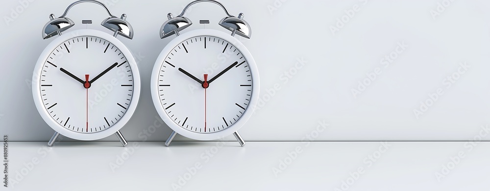 Poster sleek alarm clock powered by batteries, set against a minimalist white background, emphasizing the c