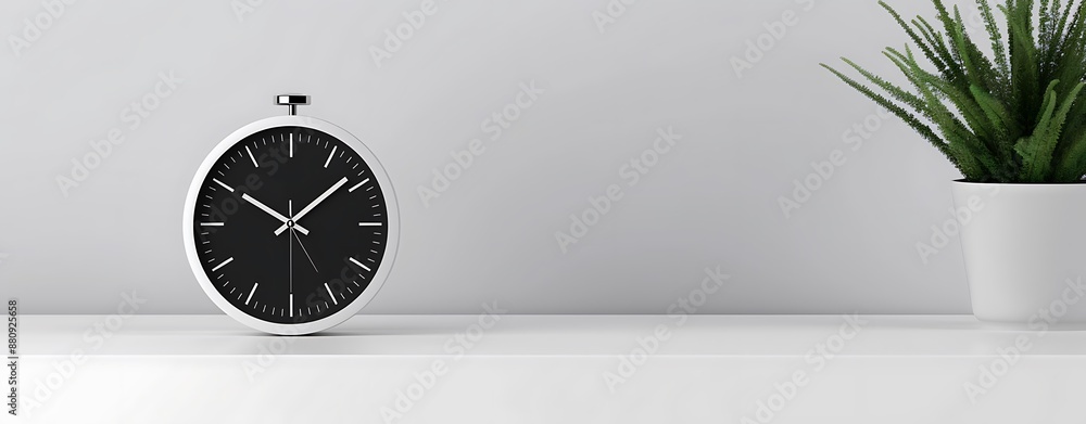 Poster sleek alarm clock powered by batteries, set against a minimalist white background, emphasizing the c