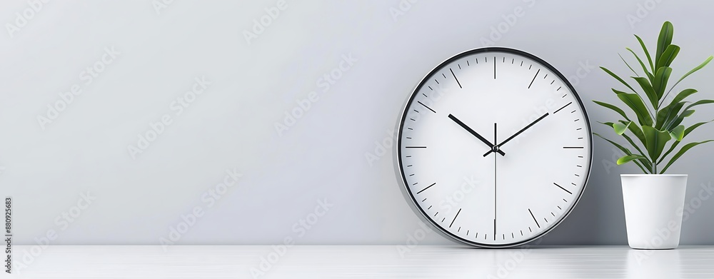 Poster sleek alarm clock powered by batteries, set against a minimalist white background, emphasizing the c
