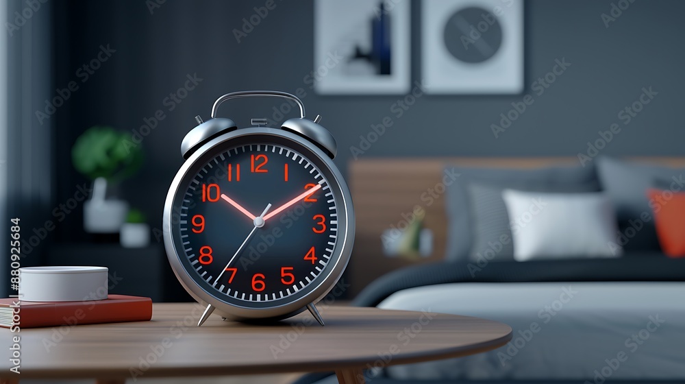 Poster alarm clock integrated with a battery, showcasing time with glowing display, placed on a wooden tabl