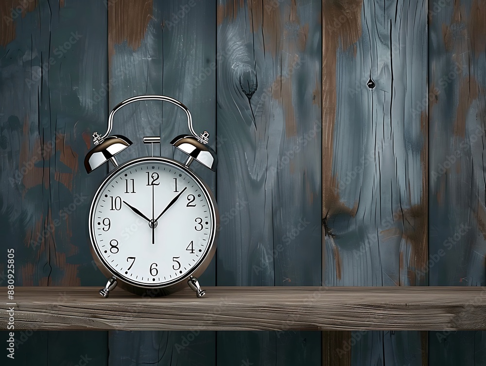 Poster vintage-style alarm clock showing battery insertion, placed on a rustic wooden shelf with natural li