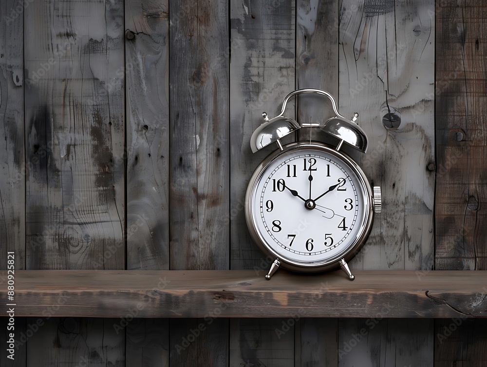 Poster vintage-style alarm clock showing battery insertion, placed on a rustic wooden shelf with natural li