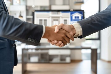 Real Estate Deal Handshake in Stylish Office with Property Listings on Screen