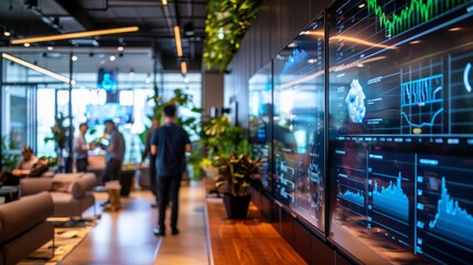 Dynamic Real Estate Office with Agents Discussing Property Deals, Market Data on Large Screens