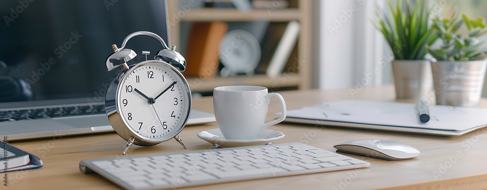 Poster alarm clock with an easy-to-access battery compartment, set in a cozy home office environment, highlighting convenience and design with copy space for text, focus cover all aspect, deep depth of