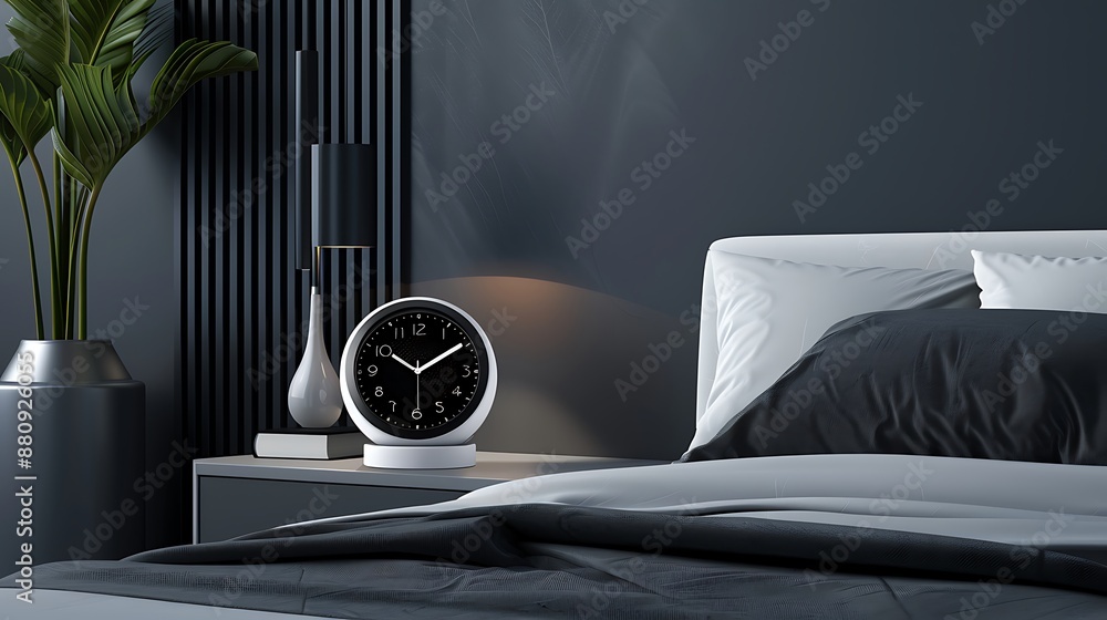 Poster innovative alarm clock featuring a battery backup system, displayed on a modern bedside table with s