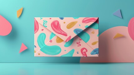 An artistic rendering of an envelope with a playful, abstract doodle pattern in pastel colors, ideal for unique stationery designs.