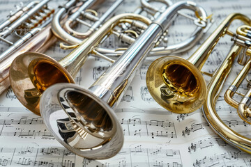 Naklejka premium Shiny trumpets and other brass instruments resting on a music sheet background, ready to create harmonious melodies.