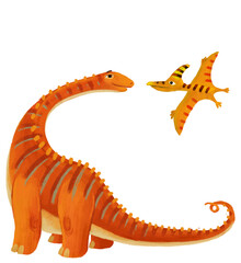 cartoon happy and funny colorful prehistoric dinosaur dino diplodocus and quetzalcoatlus pterodactyl bird flying isolated illustration for children © honeyflavour
