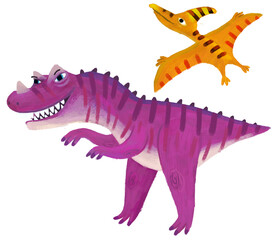 cartoon happy and funny colorful prehistoric dinosaur dino and quetzalcoatlus pterodactyl bird flying ceratosaurus isolated illustration for children © honeyflavour