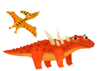 cartoon happy and funny colorful prehistoric dinosaur dino sauropelta and quetzalcoatlus pterodactyl bird flying isolated illustration for children © honeyflavour