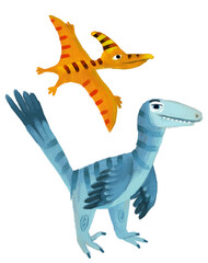 cartoon happy and funny colorful prehistoric dinosaur dino and quetzalcoatlus pterodactyl bird flying deinonychus isolated illustration for children © honeyflavour