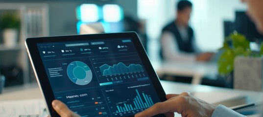 Professional Office Setting with Digital Tablet Displaying Compliance Training Module and Data Analytics