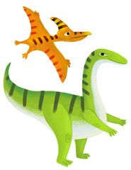 cartoon happy and funny colorful prehistoric dinosaur dino plateosaurus and quetzalcoatlus pterodactyl bird flying isolated illustration for children