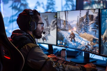 A game developer testing a new video game on multiple screens, showcasing the gaming industry and technology 