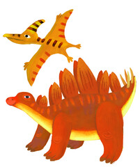cartoon happy and funny colorful prehistoric dinosaur dino stegosaurus and quetzalcoatlus pterodactyl bird flying isolated illustration for children © honeyflavour