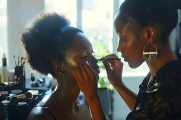 Fototapeta premium A makeup artist applying makeup to a client in a brightly lit studio, showcasing professional beauty services