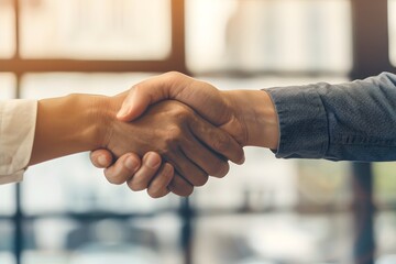 A professional handshake between two businesspeople in a modern office, symbolizing partnership and trust