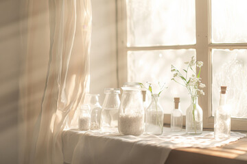 Sunlight streams through a window, illuminating jars and bottles placed on a windowsill, creating a warm and serene atmosphere.